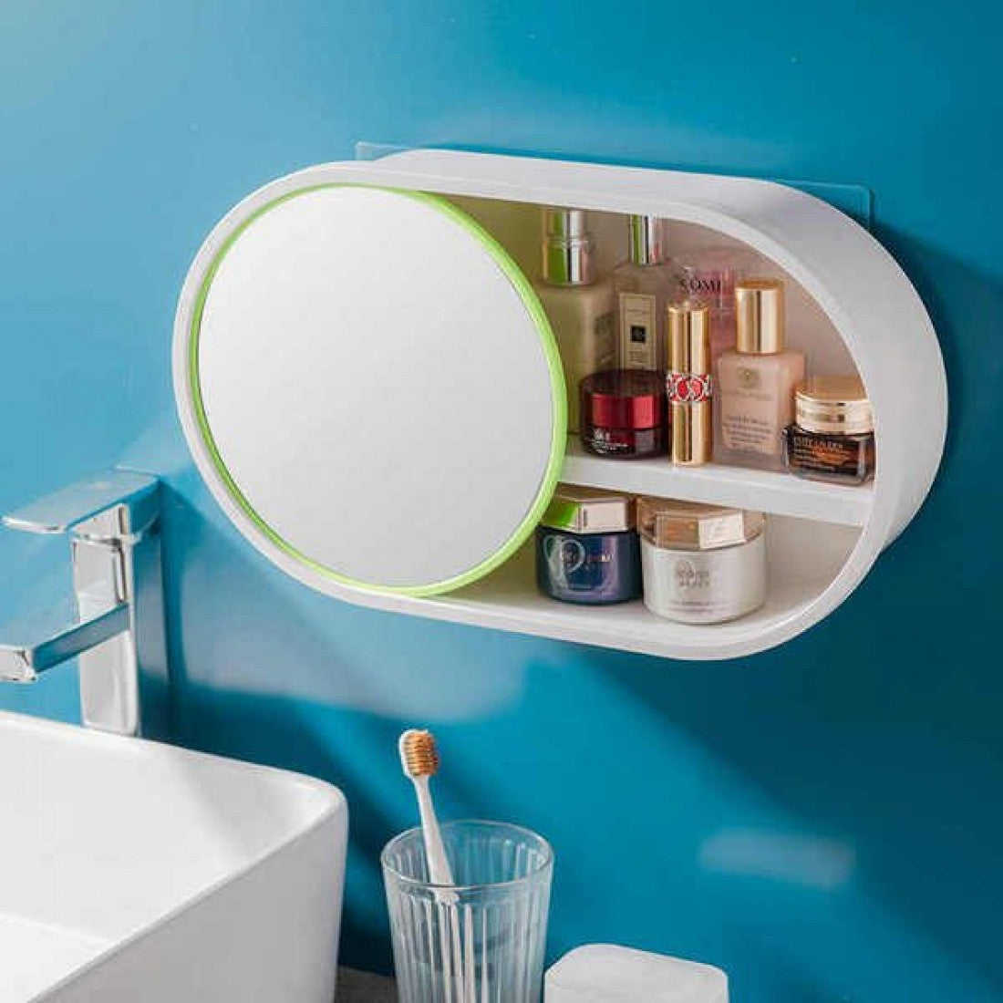 Wall Mounted Cosmetic Storage Organizer with Mirror