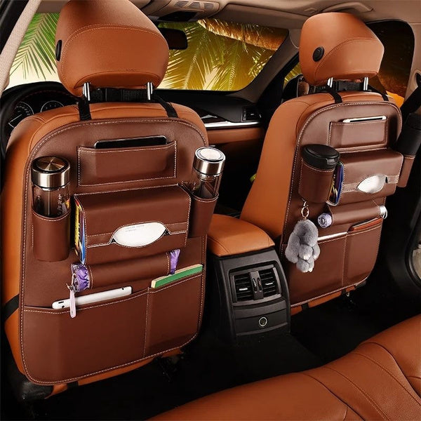 Car Seat Back Organizer Pockets Folding Backseat Hanging Holder Storage Bags Auto Car Tissue Box with Dish Tray