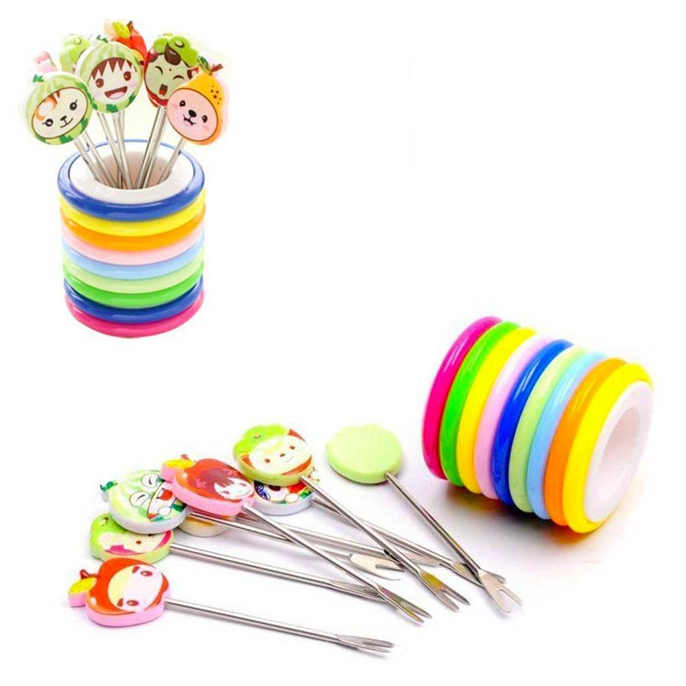 Set of 8 pcs Fun Shape Fruit Fork with Rings Stand - MultiColour