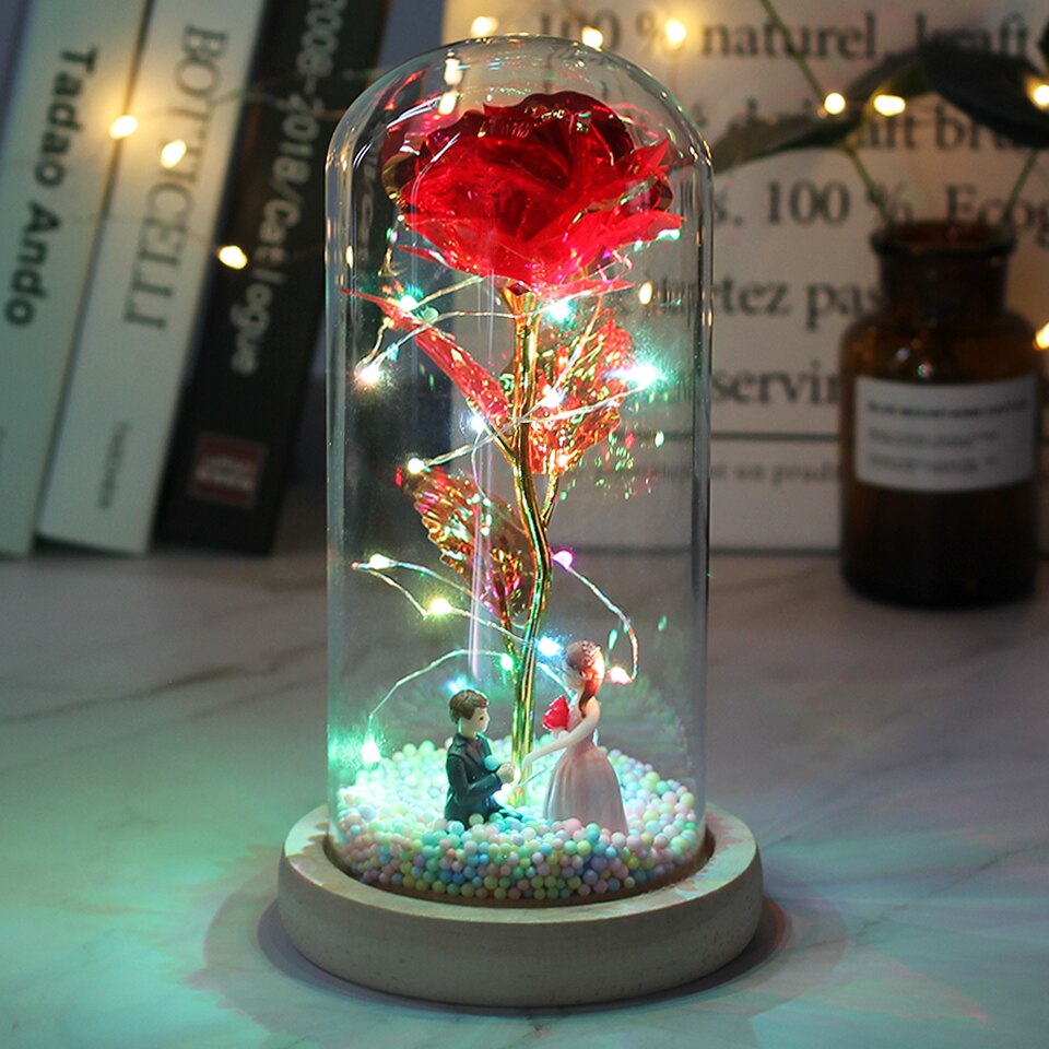 Beauty And Beast Rose Flower With Teddy Rose Bear In Glass Dome Home Wedding Decoration