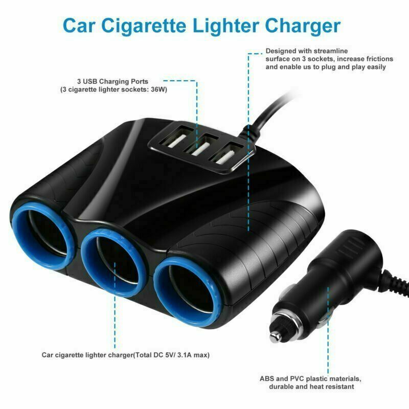 12V split car charger 3 in 1 cigarette lighter